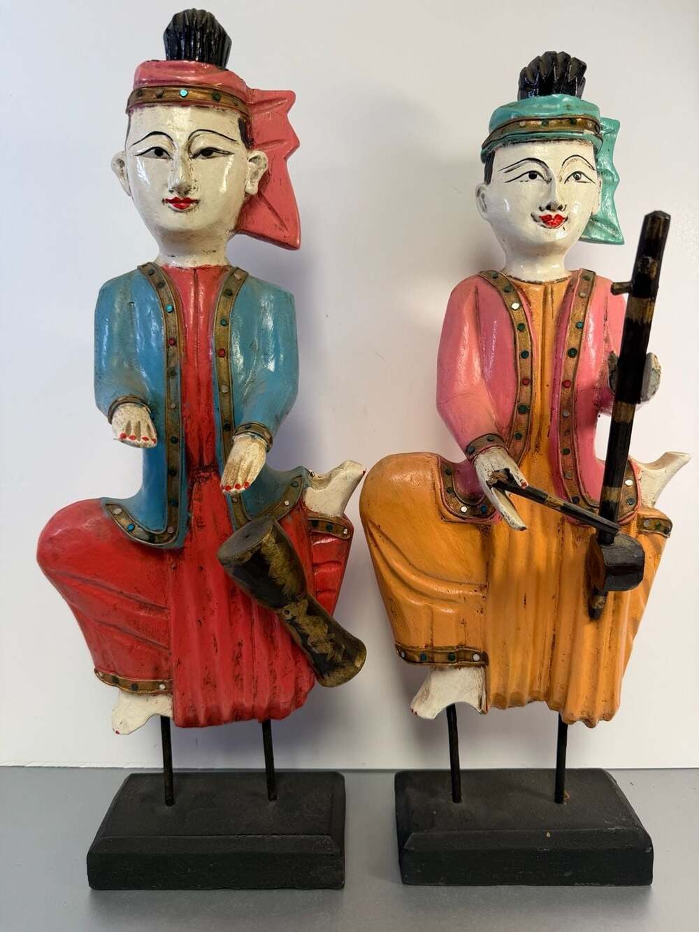 Set of Two Vintage Carved Wood Thai Musicians Sculptures on Stand